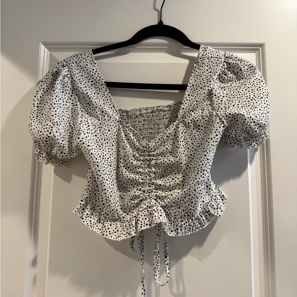 White and Black Polka Dot Puff Sleeve Crop Top
